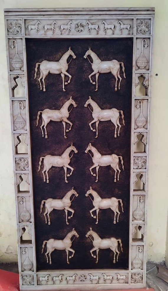 Hand Carved Marble Horse Panel - Mughal Style Hand Carved Marble Horse Panel - Mughal Style
