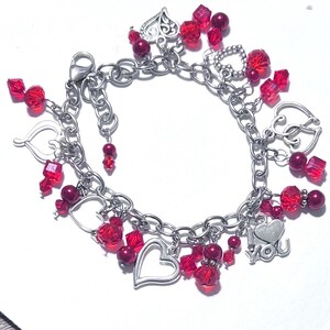 Handmade Heart  Bracelet / Valentine Charm bracelet / Red Crystal and Pearls / Silver Charm bracelet / Handmade bracelet /Gift for her