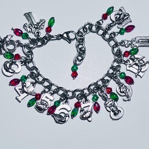 Handmade 12 Days of Christmas Charm Bracelet Christmas Jewelry Holiday Bracelet Christmas Bracelet Red and Green Crystal Bracelet