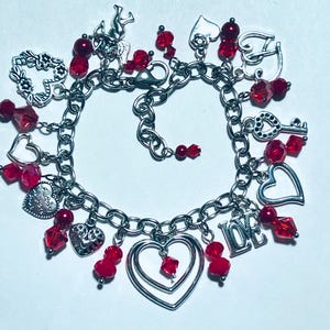 Handmade Heart  Bracelet / Valentine Charm bracelet / Red Crystal and Pearls / Silver Charm bracelet / Handmade bracelet /Gift for her