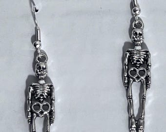 Handmade Halloween Skeleton Dangle Earrings, Zinc Alloy, Sterling Silver Hooks