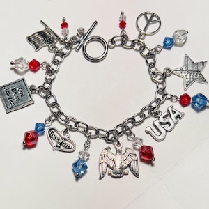 Silver 4th of July bracelet Patriotic bracelet USA bracelet Red White Blue bracelet Independence Day America charm bracelet  gift for her