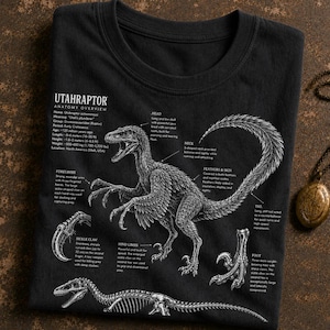 Op de afbeelding: Een zwart t-shirt met een witte anatomische afbeelding van een Utahraptor. De afbeelding bevat gedetailleerde labels voor de kop, nek, veren, huid, staart, voorpoten, achterpoten, voet en sikkelklauw, samen met een skeletillustratie onderaan.