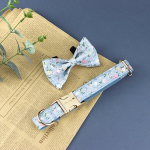 Floral Personalized Dog Collar and Leash with Bow Tie Set,Dog Collar with Name Engraved,Flower Pet Collars,Puppy Collar for Wedding