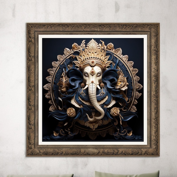 Ultra-HD, 3D, SRI GANESHA/ Ganpati, Hindu God, Paper craft,  6144x6144 @ 300 dpi, Blue and Gold, for Paper or Canvas print  & Wall Decor