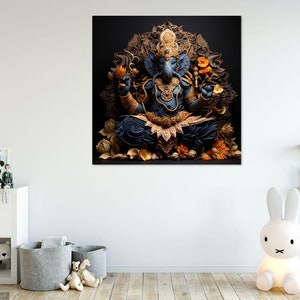Ultra-HD, 3D, SRI GANESHA/ Ganpati, Hindu God, Paper craft,  6144x6144 @ 300 dpi, Blue and Gold, for Paper or Canvas print  & Wall Decor