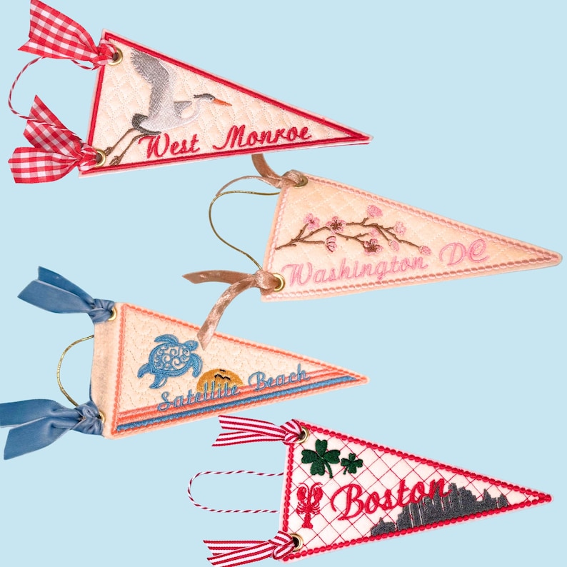 Custom city Felt Mini Pennant Ornament vacation souvenir Washington DC ornament, Satellite beach florida, west Monroe Louisiana, Boston Massachusetts