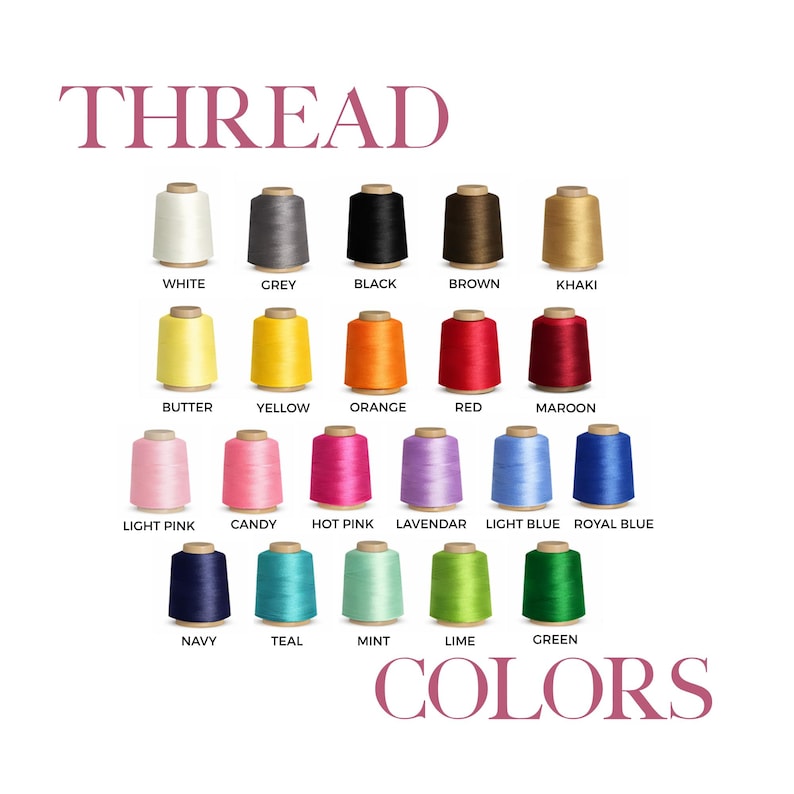 May include: A color chart titled THREAD COLORS displaying twenty spools of thread in various shades including white, grey, black, brown, khaki, butter, yellow, orange, red, maroon, light pink, candy, hot pink, lavender, light blue, royal blue, navy, teal, mint, lime, and green.