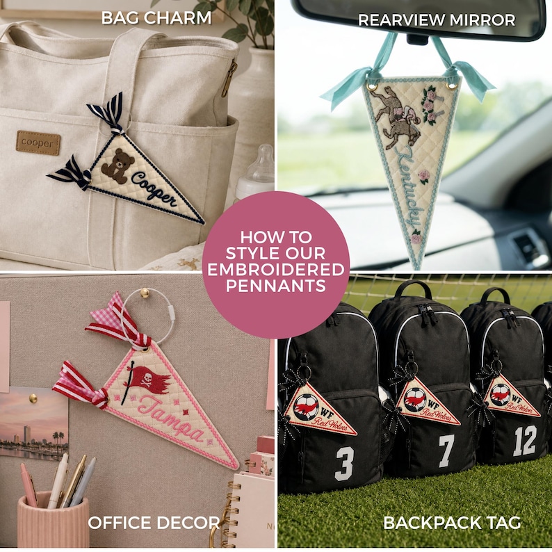 May include: A collection of triangular embroidered pennants featuring various designs including a teddy bear with the name Cooper, a horse and rider with the text Kentucky, a pirate flag with the text Tampa, and a soccer ball with the text WF Red Wolves.