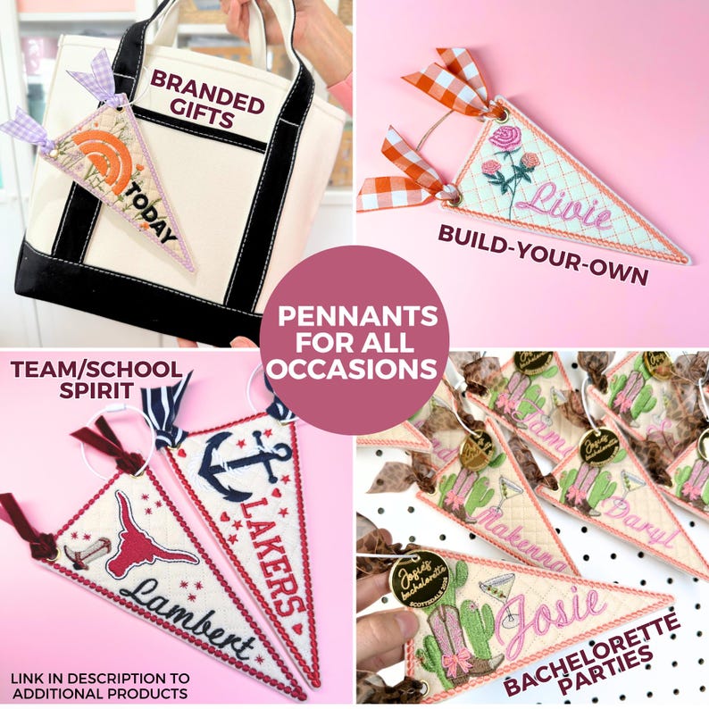 May include: A collection of pennants for various occasions, including branded gifts, team spirit, and bachelorette parties. The pennants feature embroidered designs, text, and decorative ribbons. The image includes text that reads "Pennants for All Occasions."