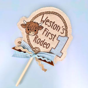First Rodeo Party Theme Cake Topper Embroidered Highland Cow Birthday Party Western baby party cow theme personalized smash cake topper