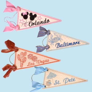 destination wedding favor custom girls weekend getaway gift Orlando mini felt pennant, Baltimore ornament, las vegas vacation souvenir, st pete pennant