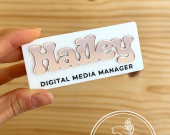 Magnetic Acrylic Name Badge Personalized Name Badge Office Name Badge Business Owner Name Tag Retro Font