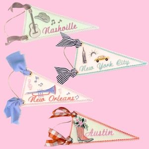 destination wedding favor custom girls weekend getaway gift nashville mini felt pennant, new orleans ornament, new york city pennant, austin ornament