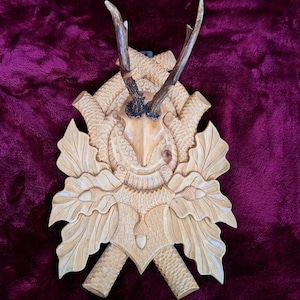 Roe deer antlers, horns of a deer, roebuck, carving, wood trophy, Germany, Black Forest, decoration, morbid gift, curiosity, vulture culture