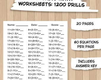 May include: Printable math worksheets with 1200 drills, including an answer key. The worksheets have 20 pages with 60 equations per page. The title is in a white banner over a wooden background.