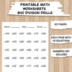 Puede incluir: Hojas de trabajo de matemáticas imprimibles con 840 ejercicios de división. Las hojas de trabajo incluyen 20 páginas, cada una con 42 ecuaciones. Se incluye una clave de respuestas. La parte superior de la página tiene el texto "Printable Math Worksheets 840 Division Drills".