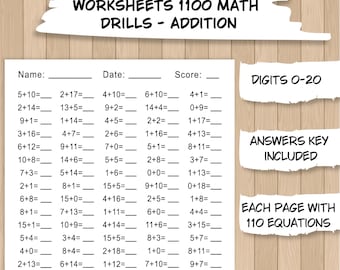 May include: A printable worksheet with 110 addition equations for kids to practice math skills. The worksheet features numbers from 0 to 20 and is designed for students to practice addition problems. The worksheet is titled "Printable Maths Worksheets 1100 Math Drills - Addition".