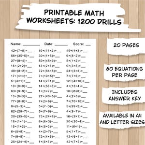 Może przedstawiać: Drukowane arkusze matematyczne z 1200 ćwiczeniami, 20 stronami i 60 równaniami na stronę. Zawiera klucz odpowiedzi. Dostępne w formatach A4 i Letter. Arkusze zawierają zadania z dodawania, odejmowania i mnożenia.