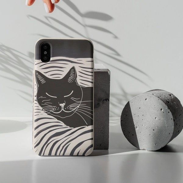 Cute Cat Plastic Free Phone Case Biodegradable for iPhone Samsung Galaxy Eco Phone Cover Kawaii Kitty in Linocut Print Style Cat Mom Gift