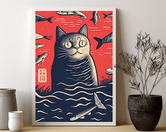 Vintage Japanese Cat Digital Print  | Kawaii Neko Poster | Cat Lover Gift | Retro Style | Apartment Decor Trendy | Woodblock Modern Wall Art