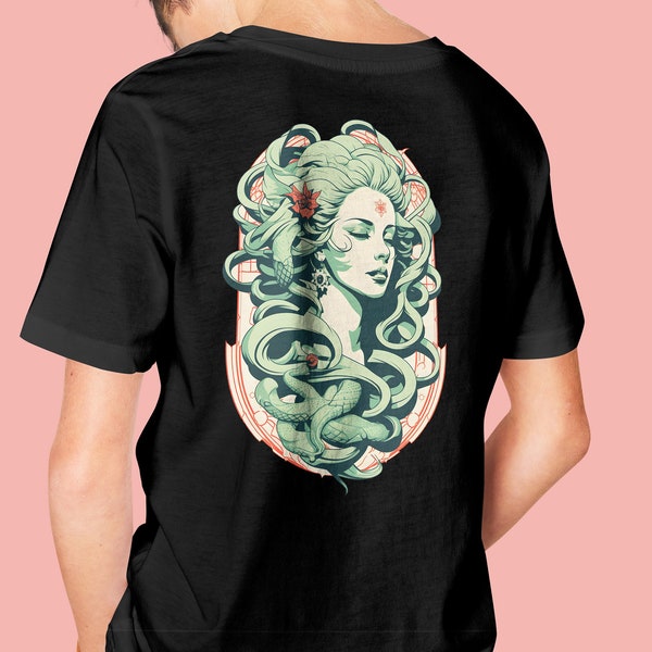 T-shirt unisexe en coton Medusa, déesse méduse verte, mythologie grecque, tshirt minimaliste pour homme, haut style tatouage, imprimé méduse, cadeau tendance