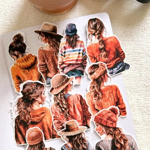 Set di adesivi Aesthetic Cozy Girls / Adesivi fustellati, Adesivo caldo per ragazza con maglione, Regalo di San Valentino, Art Journaling, Carta artigianale, Junk Journal