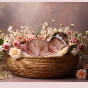 Newborn Digital Backdrop, Floral Spring Blossom Photo Prop, Wicker Cradle Digital Background for Baby Boy, Newborn Overlay for Baby Girl