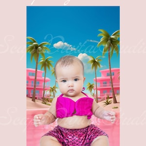 Barbi Digital Backdrop, Pink Dream House Digital Background, Toddler Malibu Beach Pink Doll House Photoshop Landscape Summer Overlay, Tiktok