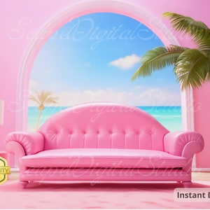 Background for Girl Doll House Pink for Birthday Party Custom Studio Photography,  Dream House Living Room Digital Backdrop Malibu Overlay