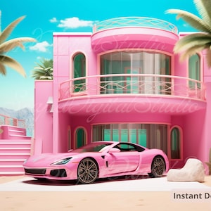 Pink Barbi Digital Backdrop, Malibu Beach Doll House Photoshop, Sportive Pink Car Summer Overlay, Mansion Dream House Digital Background