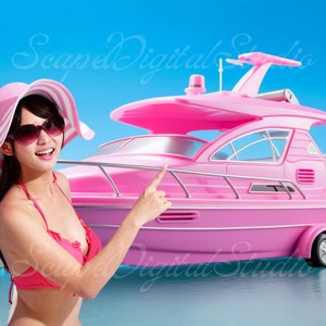 Pink Boat Digital Backdrop Doll House Beach Malibu, Teen Doll House Photoshop Landscape Summer Overlay, Tiktok Background for Girl Instagram