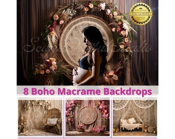 8 Boho Backdrops, Cyfrowe tła ciążowe, Cyfrowe tło dla dzieci, Tło do fotografii Boho, Nakładki na ślub makramowe, Fotografia Boho