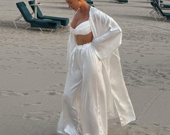 Satin Lounge Set for Women, Elegant Bridal Getting Ready Outfit, 3 Piece White Robe Pants and Bralette Set, Resort or Honeymoon Wear