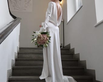 Courthouse Wedding Dress, Minimalist Satin Maxi Gown with Open Back, Modern Civil Ceremony Bridal Dress, City Hall Wedding Dress Bride
