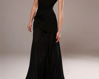 Black Corset Mini Dress and Sheer Maxi Skirt Set, Wedding Guest Black Tie Outfit, Strapless Two Piece Formal Dress, Layered Evening Look