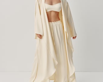 3 Piece Satin Women Suit, Long Robe, Bralette and Palazzo Pants, Elegant Occasion Wear, Minimalist Bridal Event Clothes, Summer Outfit Set