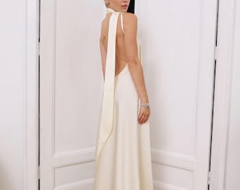 Simple Wedding Dress Satin, Slip Bridal Gown with Train and Scarf, Backless Spaghetti Strap Dress, Elegant Elopement Dress, Civil Ceremony