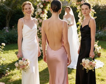 Satin Bridesmaid Dress with Deep Open Back, Elegant Slip Maxi Dress for Bridal Party, Minimalist Backless Bridesmaid Gown, Custom Size Dress
