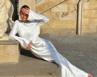 Cowl Back Satin Maxi Dress with Long Sleeves, Minimalist Open Back Evening Gown, Elegant Formal Dress for Modern Wedding Guest, Custom Dress