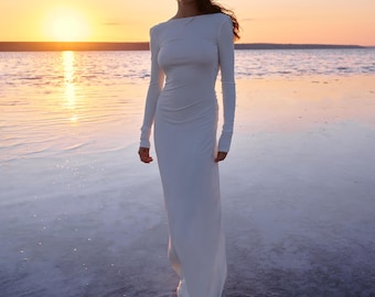 Open Back Maxi Dress with Draped Back, Long Sleeve Minimalist Gown, Modern Bridal Reception Dress, Elegant Stretch Formal Dress