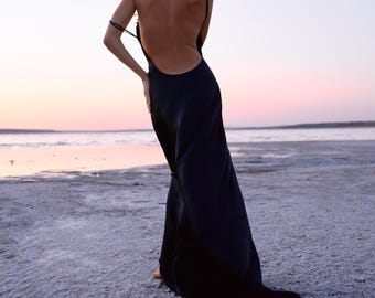 Dark Blue Satin Open Back Dress, Strappy Maxi Dress with Train, Elegant Slip Gown for Evening Events, Formal Occasion Dress