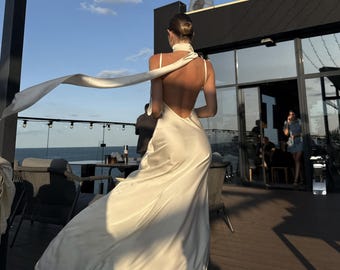 Satin Maxi Dress with Scarf, Backless Evening Gown, Spaghetti Strap Dress with Train, Elegant Open Back Formal Dress, Minimalist Bridal Gown