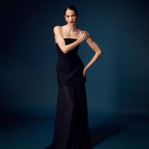 Black Convertible Wedding Dress with Skirt, Short Bridal Dress with Chiffon Maxi Skirt, Structured Bodice Reception Bridal Dress Set