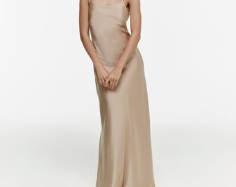 Minimalist Satin Maxi Dress, Long Slip Gown with Open Back, Evening Party Outfit, Bridesmaid Dress, Holiday Cocktail Dress for Women