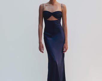 Navy Satin Maxi Dress, Draped Bodice Cut Out Evening Gown, Wedding Guest Dress