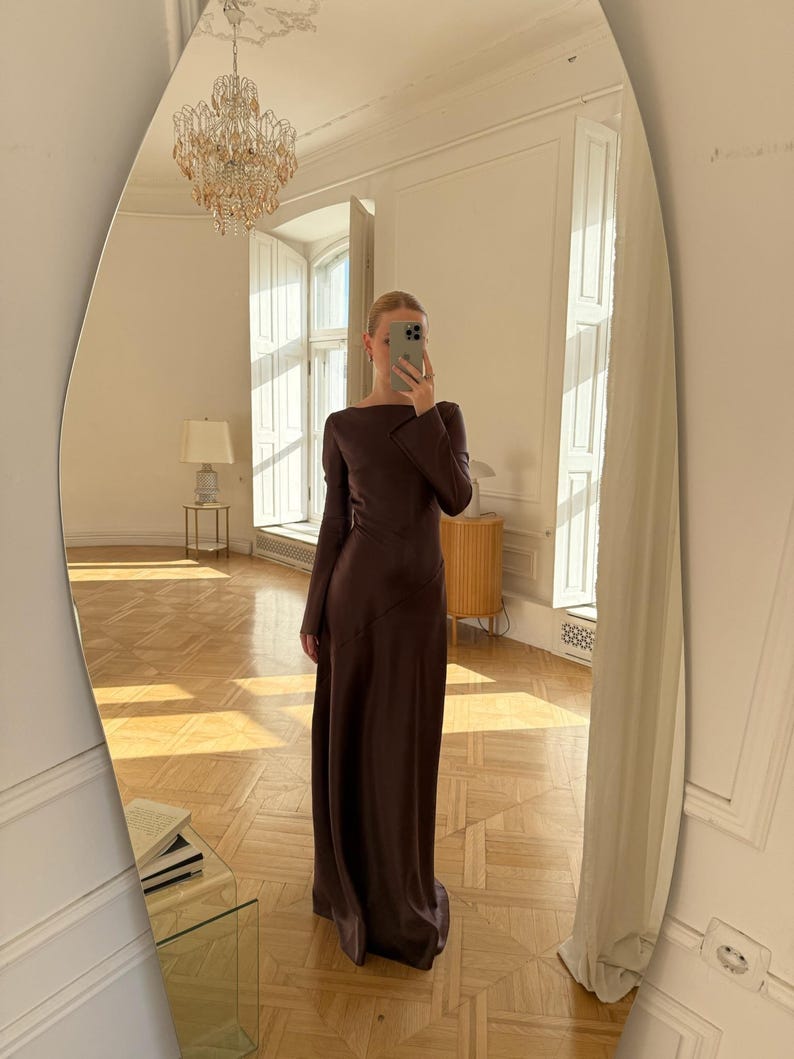 Satin Maxi Dress, Long Sleeve Formal Gown, Evening Dress, Floor Length Dress, Party Outfit for Her, Back Zipper Gown, Dense Satin Dress image 11