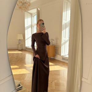 Satin Maxi Dress, Long Sleeve Formal Gown, Evening Dress, Floor Length Dress, Party Outfit for Her, Back Zipper Gown, Dense Satin Dress image 10