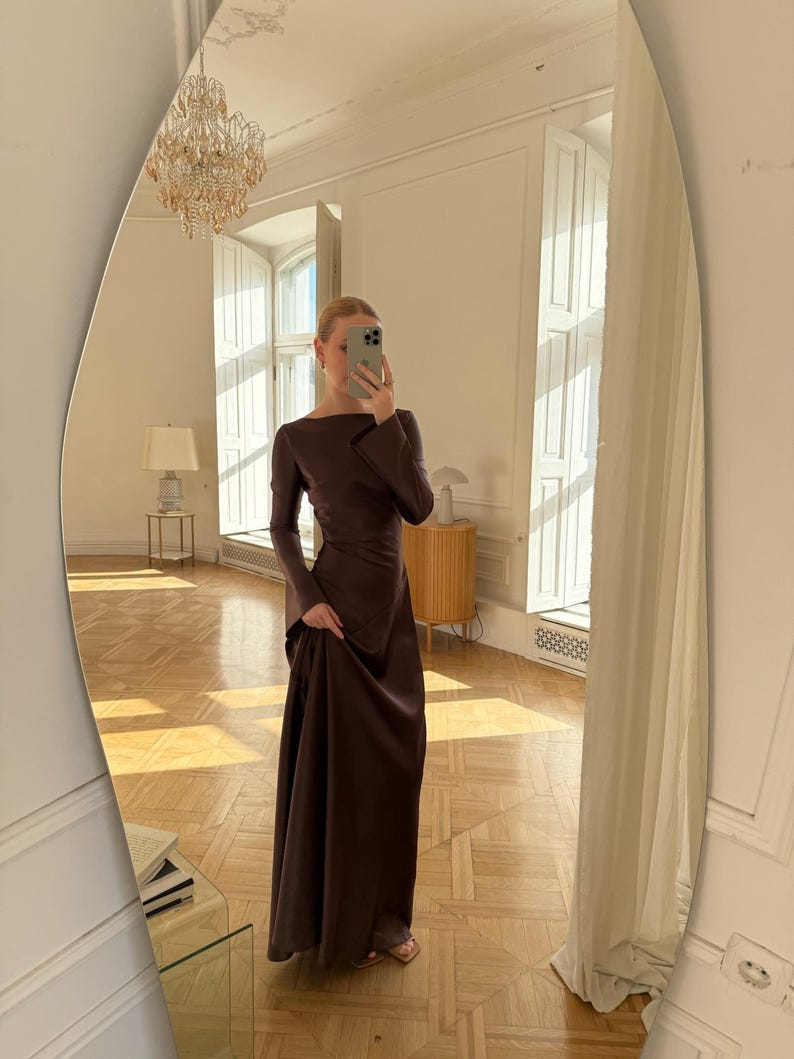 Satin Maxi Dress, Long Sleeve Formal Gown, Evening Dress, Floor Length Dress, Party Outfit for Her, Back Zipper Gown, Dense Satin Dress image 10
