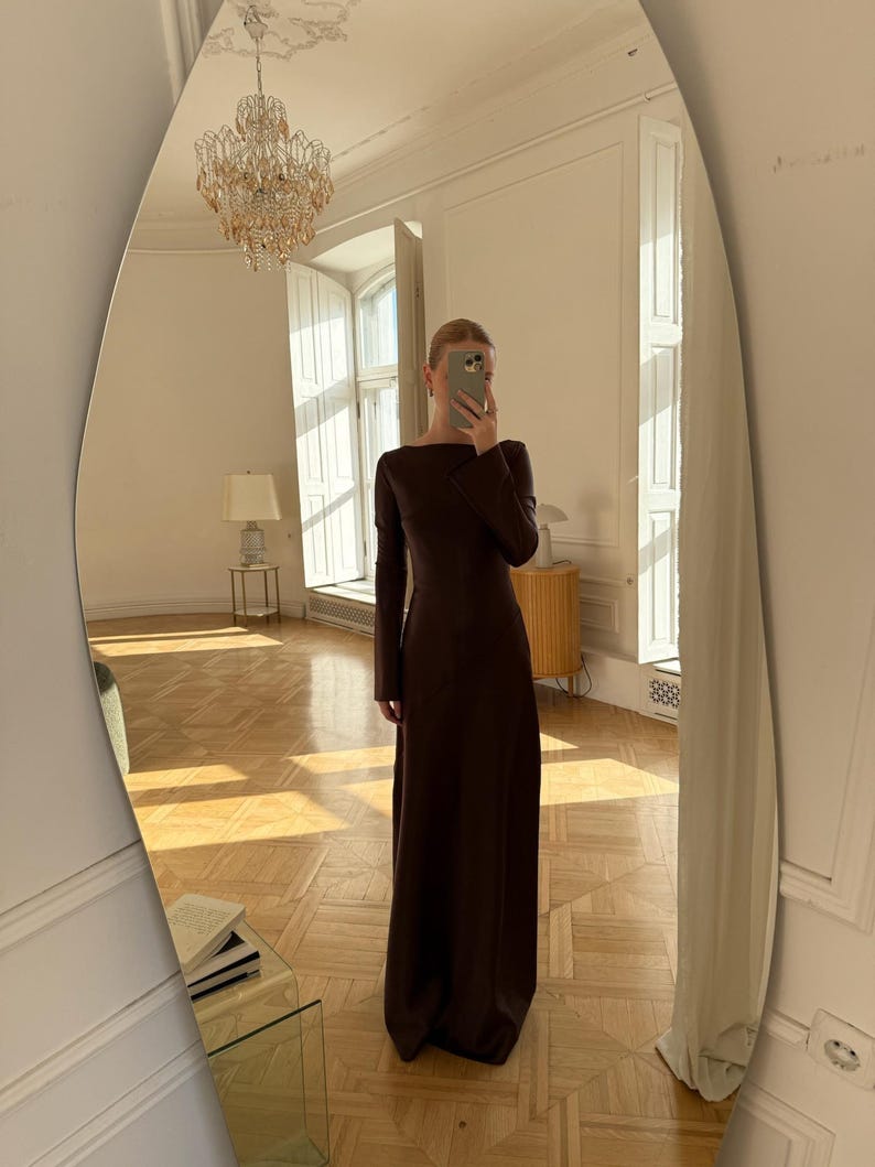 Satin Maxi Dress, Long Sleeve Formal Gown, Evening Dress, Floor Length Dress, Party Outfit for Her, Back Zipper Gown, Dense Satin Dress image 12